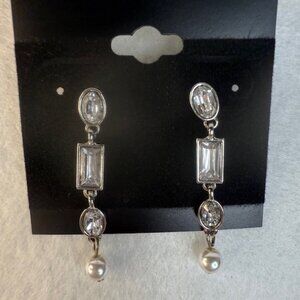 Crystal & Pearl Drop Dangle Earrings Silver Tone CZ NWT